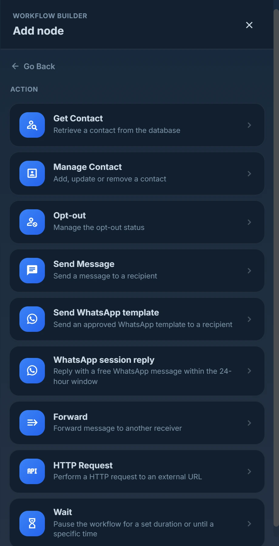 Einen Knoten im Workflow-Builder hinzufügen: Wählen Sie aus Aktionen wie Nachricht senden, WhatsApp-Vorlage, HTTP-Anfrage und Warten